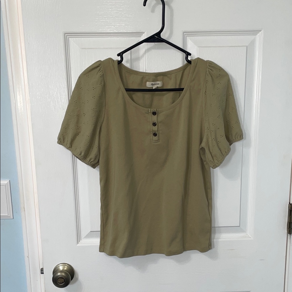 Madewell Olive Green Puff Sleeve Henley Tee